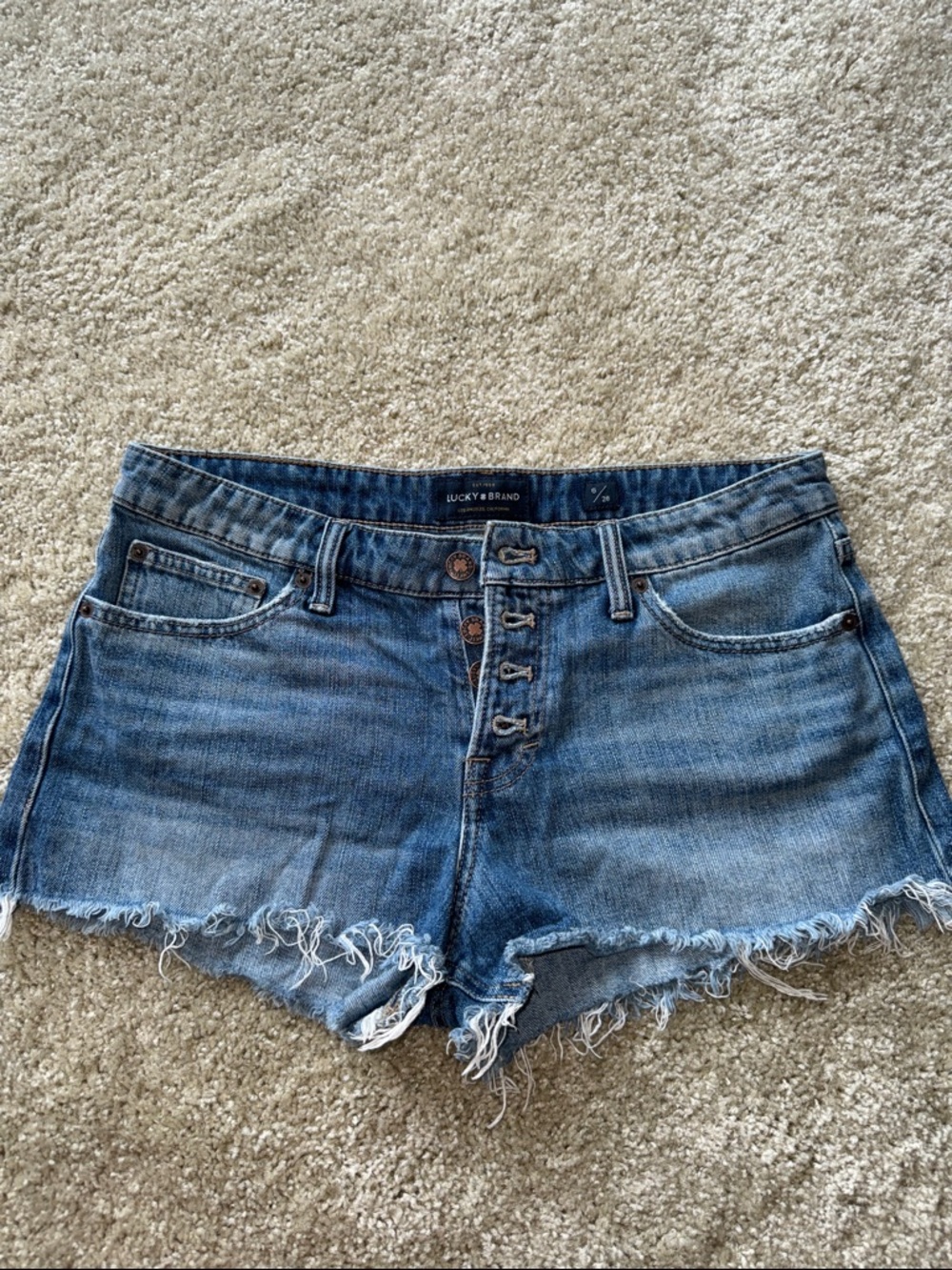 Lucky Brand Mid-Rise Blue Distressed Frayed Hem Jean Shorts